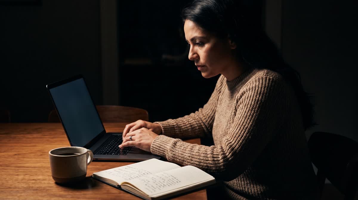 Docente estudiando de noche en su casa frente a una laptop, con un cuaderno de apuntes y una taza de café.