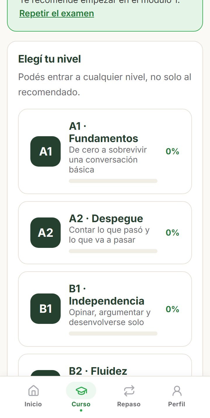 Pantalla del curso con los niveles de A1 a C1