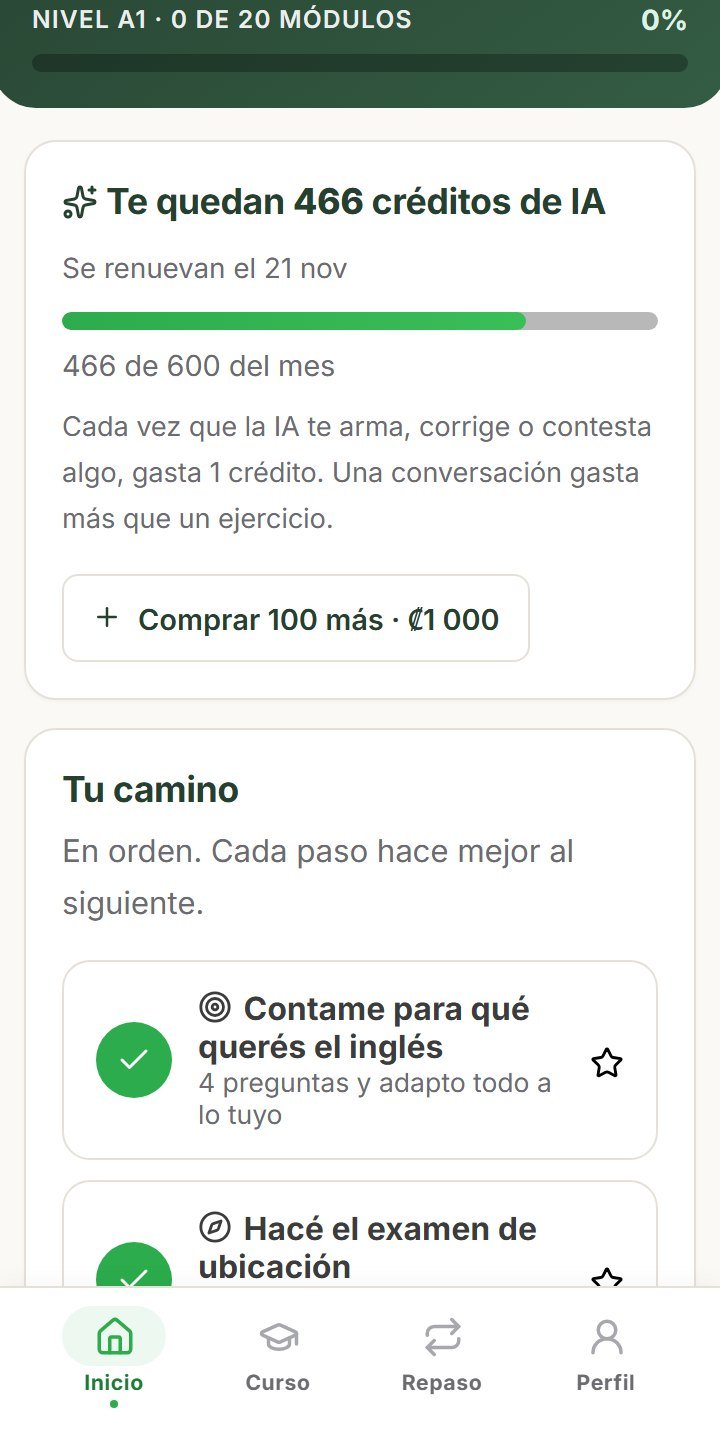Pantalla de inicio con los créditos de IA del mes y el camino del estudiante